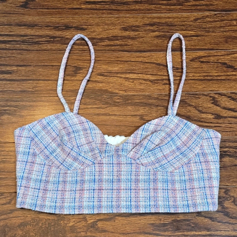ZARA NEW Pink Blue Tweed 72% Cotton Cropped Heartshaped Neckline Spaghetti Strap - Picture 6 of 16